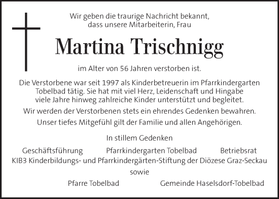 Traueranzeige von Martina Trischnigg von Kleine Zeitung