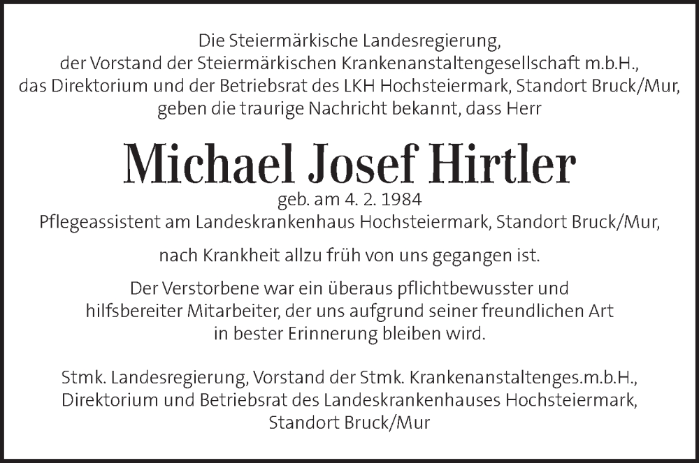  Traueranzeige für Michael Josef Hirtler vom 13.12.2025 aus Kleine Zeitung