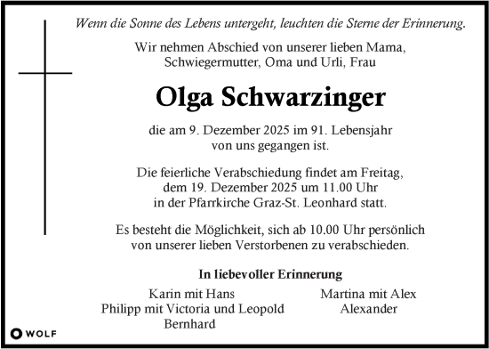Traueranzeige von Olga Schwarzinger von Kleine Zeitung