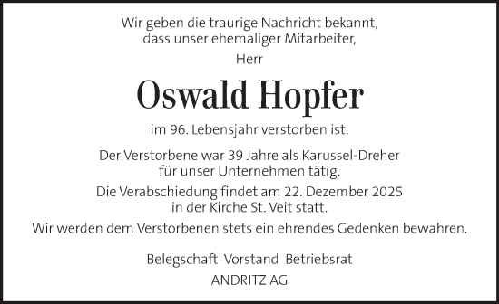 Traueranzeige von Oswald Hopfer von Kleine Zeitung