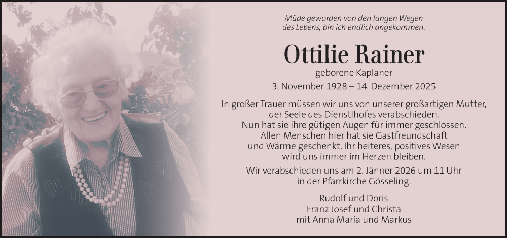  Traueranzeige für Ottilie Rainer vom 25.12.2025 aus Kleine Zeitung