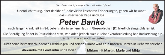 Traueranzeige von Peter Banko von Kleine Zeitung