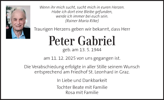 Traueranzeige von Peter Gabriel von Kleine Zeitung