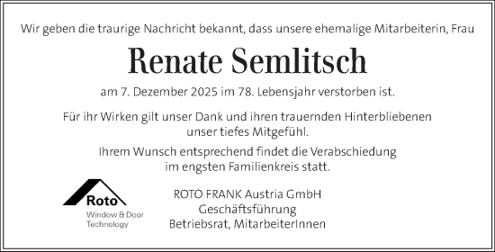 Traueranzeige von Renate Semlitsch von Kleine Zeitung