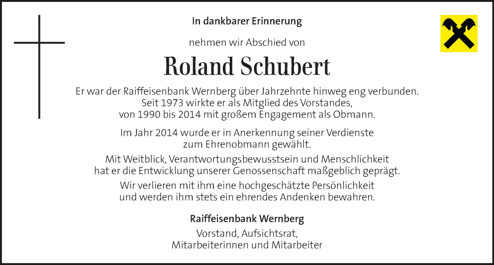  Traueranzeige für Roland Schubert vom 31.12.2025 aus Kleine Zeitung