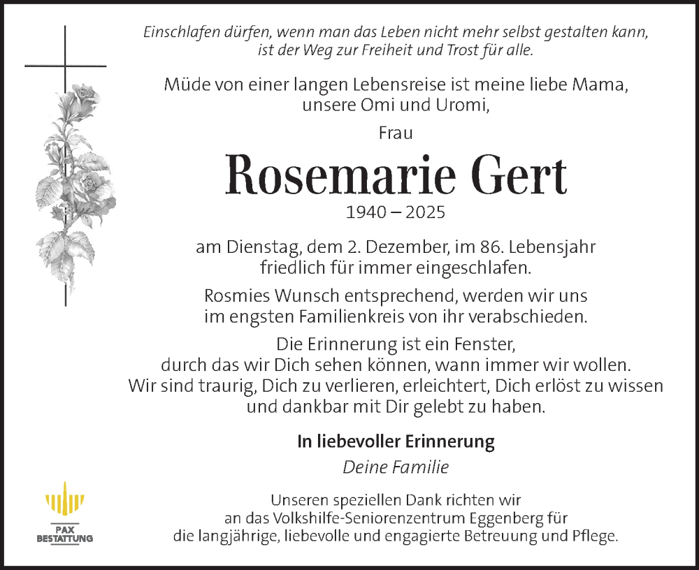  Traueranzeige für Rosemarie Gert vom 07.12.2025 aus Kleine Zeitung