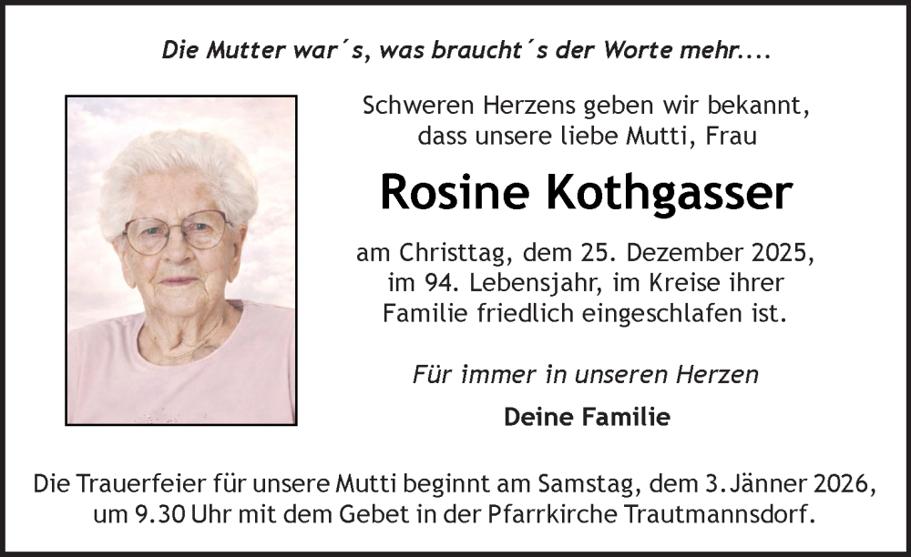  Traueranzeige für Rosine Kothgasser vom 30.12.2025 aus Kleine Zeitung