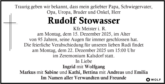 Traueranzeige von Rudolf Stowasser von Kleine Zeitung