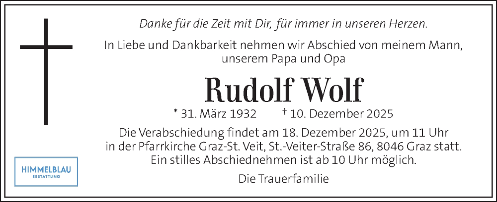  Traueranzeige für Rudolf Wolf vom 16.12.2025 aus Kleine Zeitung