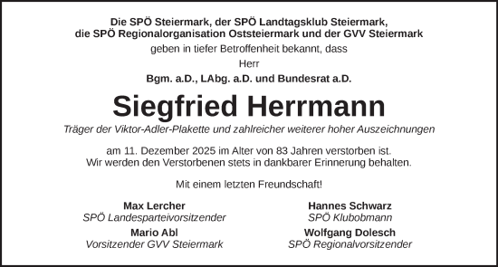 Traueranzeige von Siegfried Herrmann von Kleine Zeitung