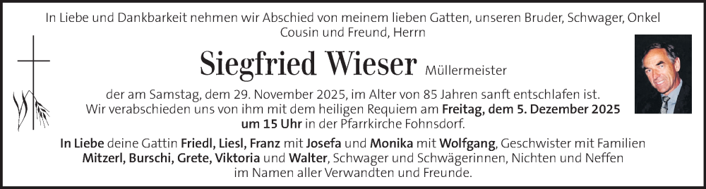  Traueranzeige für Siegfried Wieser vom 02.12.2025 aus Kleine Zeitung