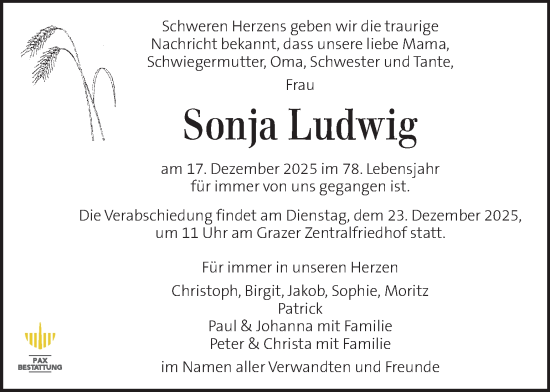 Traueranzeige von Sonja Ludwig von Kleine Zeitung