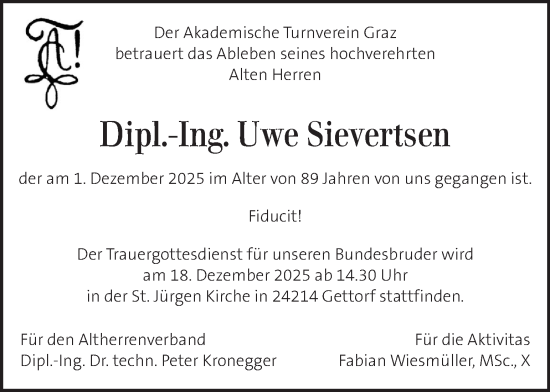 Traueranzeige von Uwe Sievertsen von Kleine Zeitung