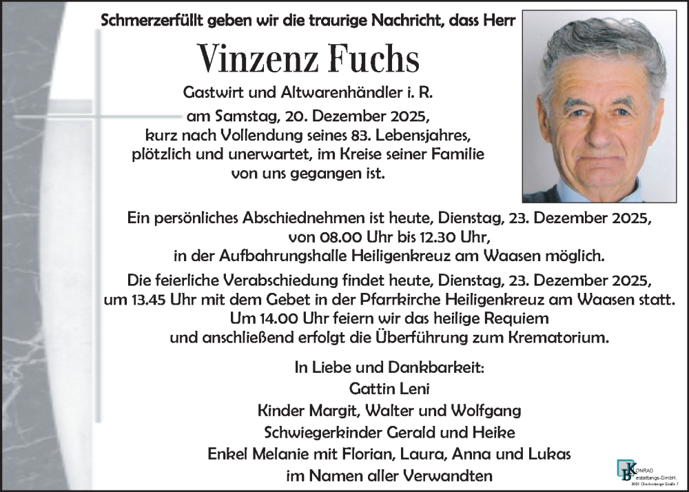  Traueranzeige für Vinzenz Fuchs vom 23.12.2025 aus Kleine Zeitung