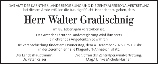 Traueranzeige von Walter Gradischnig von Kleine Zeitung