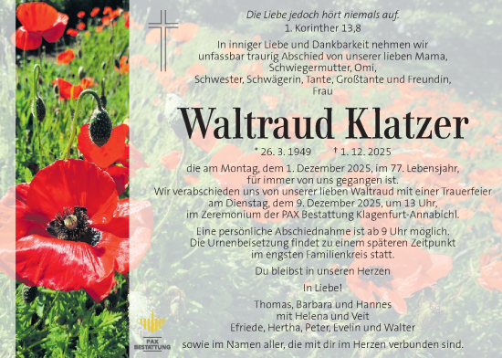Traueranzeige von Waltraud Klatzer von Kleine Zeitung