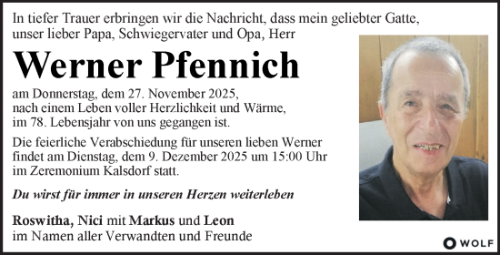 Traueranzeige von Werner Pfennich von Kleine Zeitung