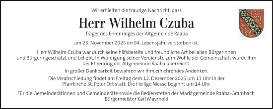 Traueranzeige von Wilhelm Czuba von Kleine Zeitung
