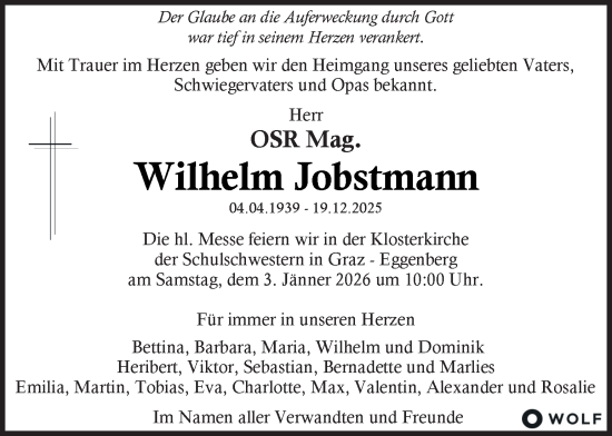 Traueranzeige von Wilhelm Jobstmann von Kleine Zeitung