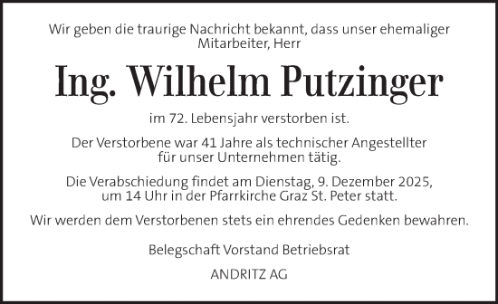 Traueranzeige von Wilhelm Putzinger von Kleine Zeitung