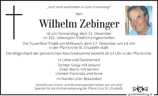 Traueranzeige von Wilhelm Zebinger von Kleine Zeitung