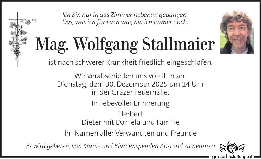  Traueranzeige für Wolfgang Stallmaier vom 30.12.2025 aus Kleine Zeitung