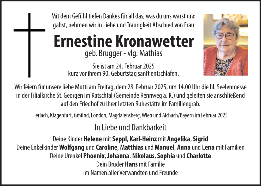  Traueranzeige für Ernestine Kronawetter vom 28.02.2025 aus Kleine Zeitung
