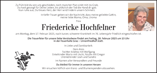 Traueranzeige von Friedericke Hochfelner von Kleine Zeitung