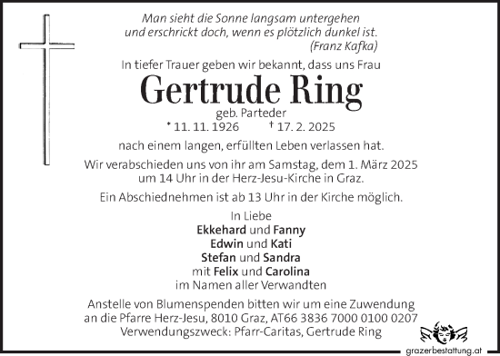 Traueranzeige von Gertrude Ring von Kleine Zeitung