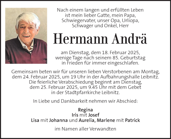 Traueranzeige von Hermann Andrä von Kleine Zeitung