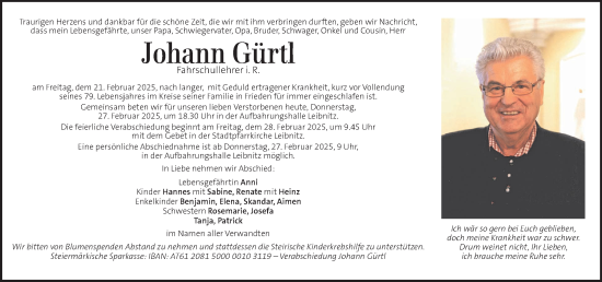 Traueranzeige von Johann Gürtl von Kleine Zeitung