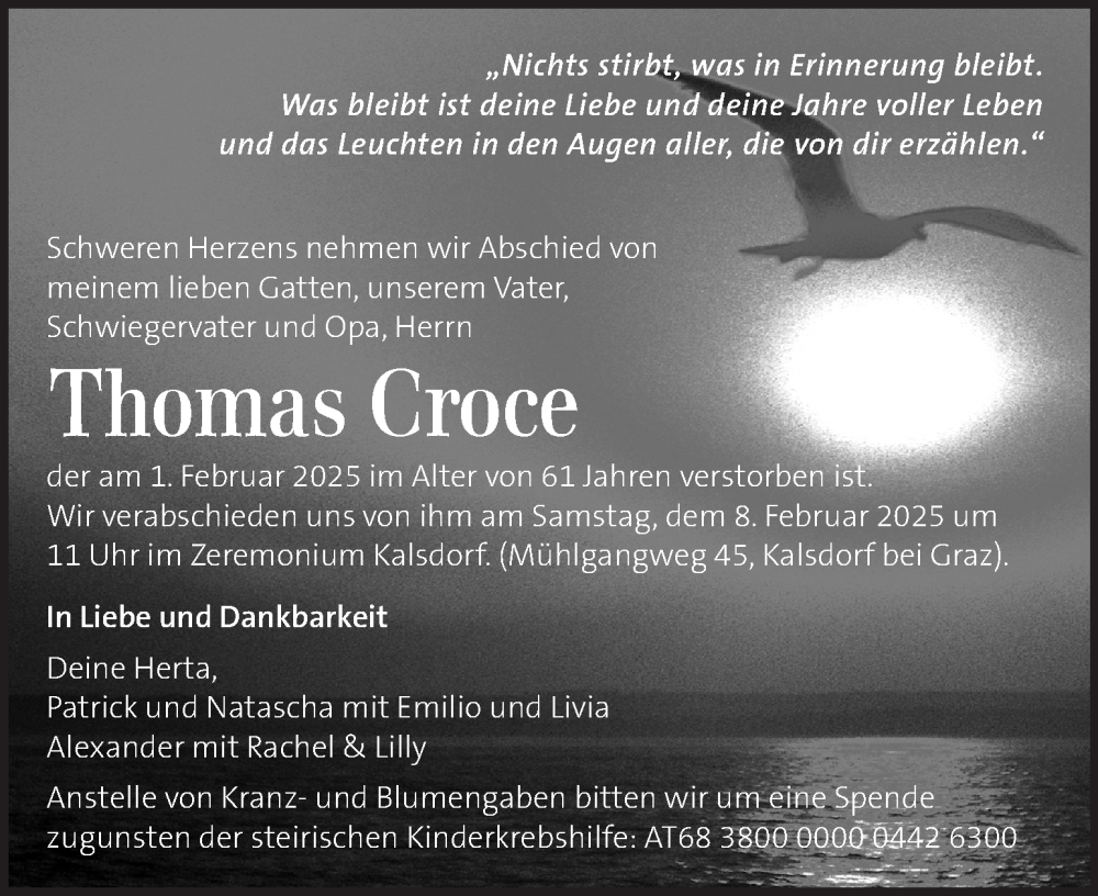  Traueranzeige für Thomas Croce vom 05.02.2025 aus Kleine Zeitung