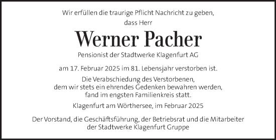 Traueranzeige von Werner Pacher von Kleine Zeitung