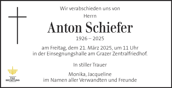 Traueranzeige von Anton Schiefer von Kleine Zeitung