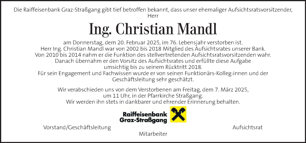  Traueranzeige für Christian Mandl vom 04.03.2025 aus Kleine Zeitung