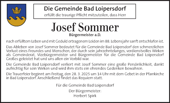 Traueranzeige von Josef Sommer von Kleine Zeitung
