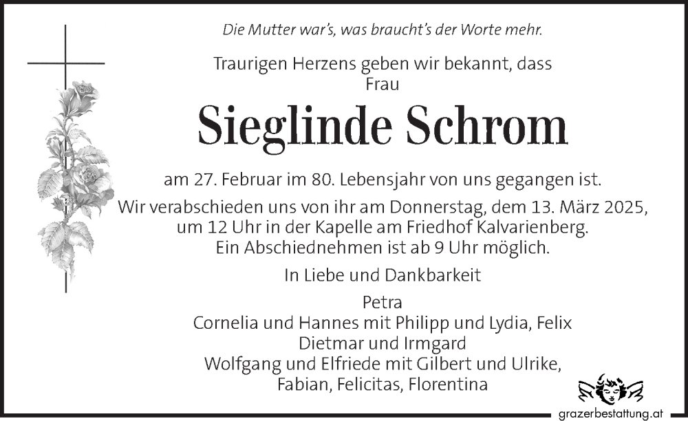  Traueranzeige für Sieglinde Schrom vom 07.03.2025 aus Kleine Zeitung