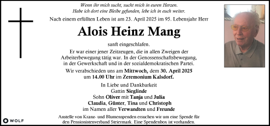 Traueranzeige von Alois Heinz Mang von Kleine Zeitung
