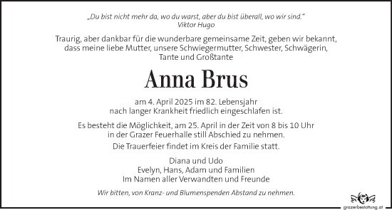 Traueranzeige von Anna Brus von Kleine Zeitung