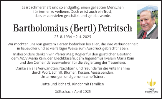 Traueranzeige von Bartholomäus Petritsch von Kleine Zeitung