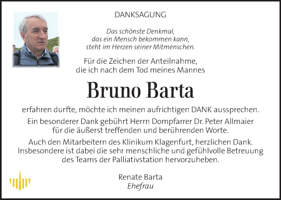 Traueranzeige von Bruno Barta von Kleine Zeitung