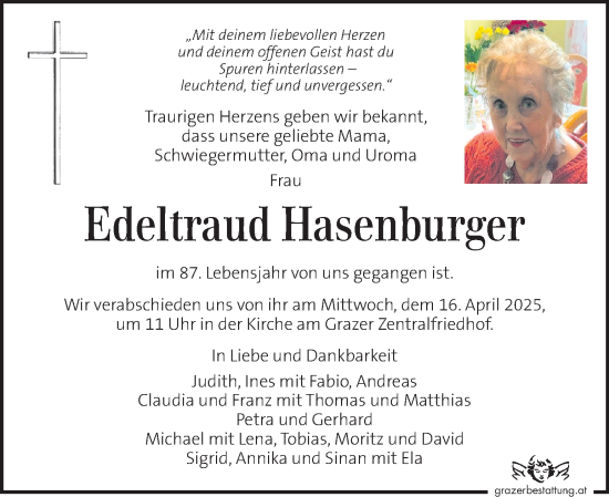 Traueranzeige von Edeltraud Hasenburger von Kleine Zeitung