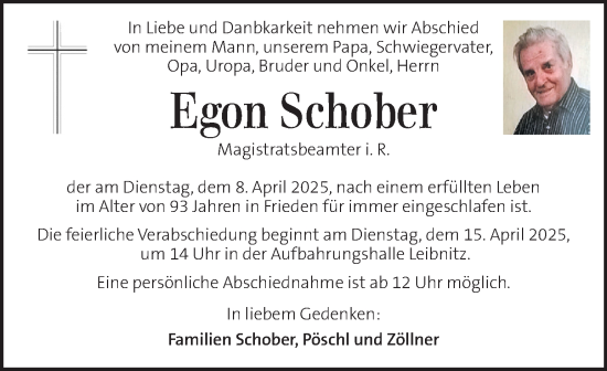 Traueranzeige von Egon Schober von Kleine Zeitung