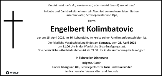 Traueranzeige von Engelbert Kolimbatovic von Kleine Zeitung