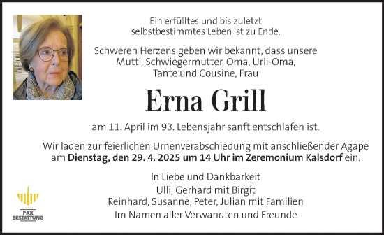 Traueranzeige von Erna Grill von Kleine Zeitung