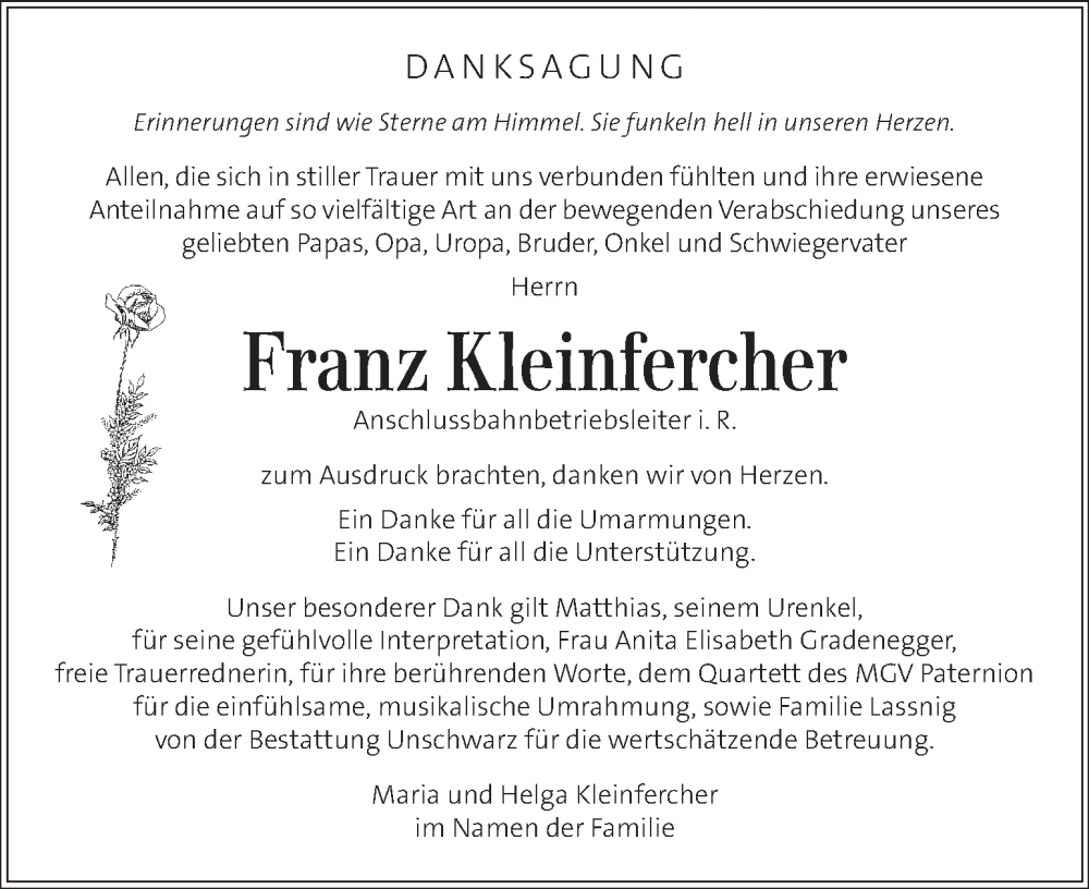  Traueranzeige für Franz Kleinfercher vom 06.04.2025 aus Kleine Zeitung
