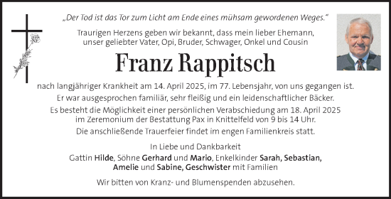 Traueranzeige von Franz Rappitsch von Kleine Zeitung