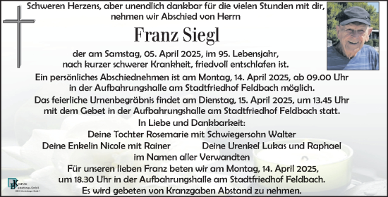 Traueranzeige von Franz Siegl von Kleine Zeitung