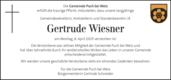 Traueranzeige von Gertrude Wiesner von Kleine Zeitung