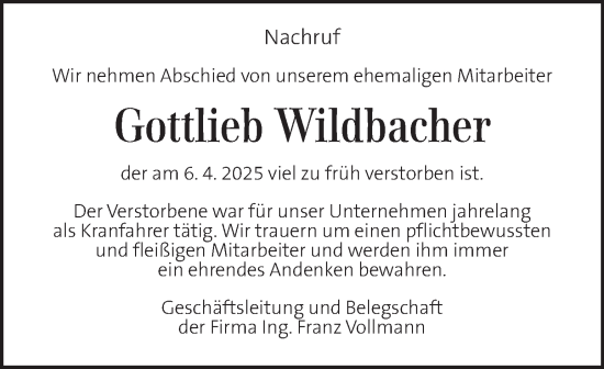 Traueranzeige von Gottlieb Wildbacher von Kleine Zeitung